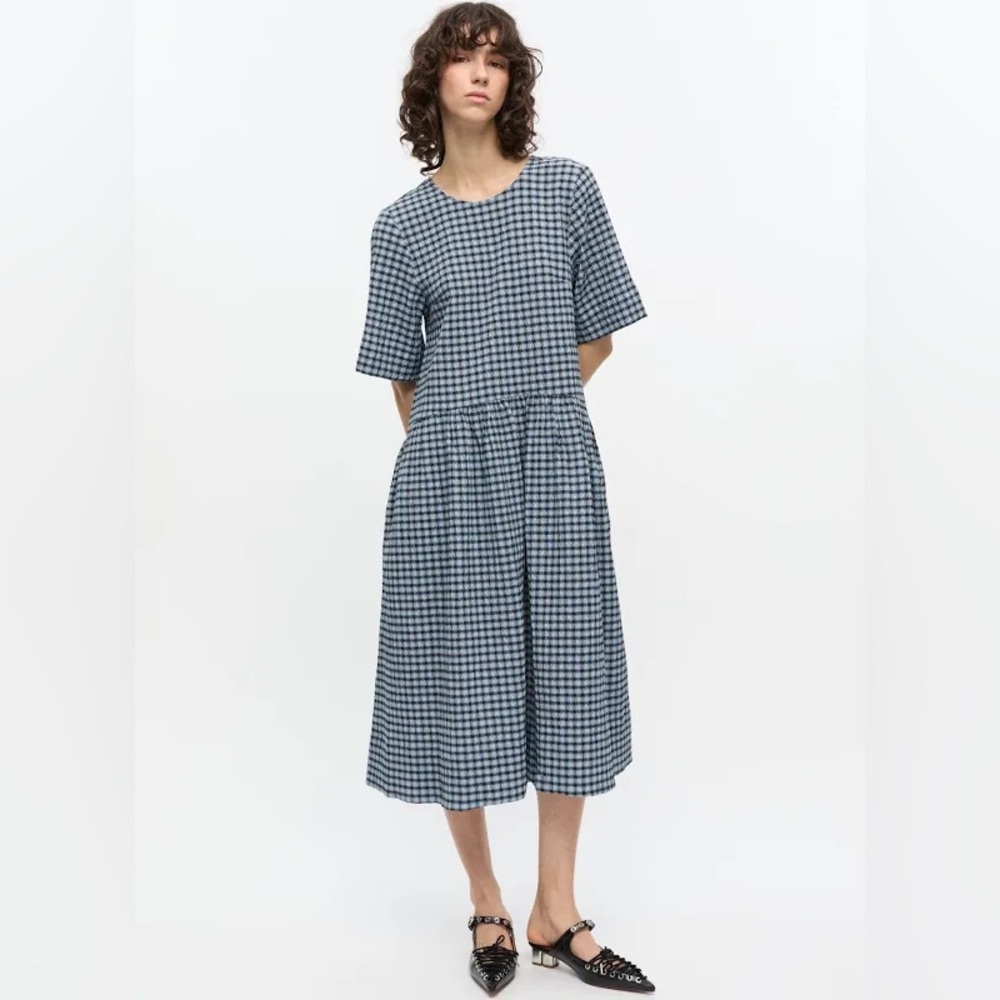 Blue Seersucker Check Midi Dress NWT